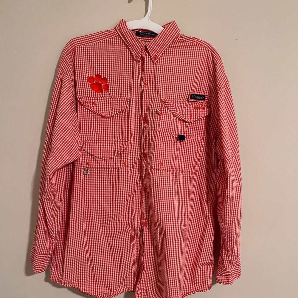 Clemson Columbia Super Bonehead Mens XL Button Up Orange & White Fishing Shirt